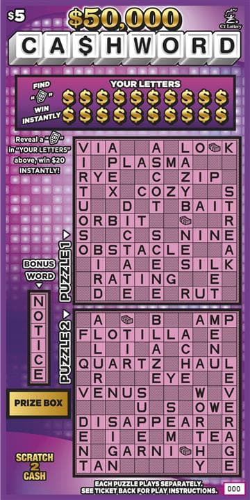 $50,000 CASHWORD scratch-off ticket