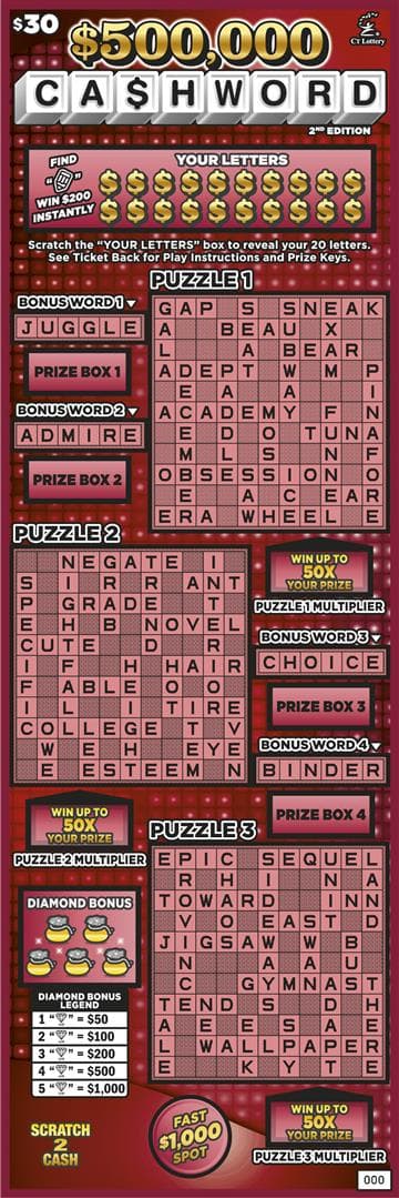 $500,000 CASHWORD 2ND EDITION scratch-off ticket