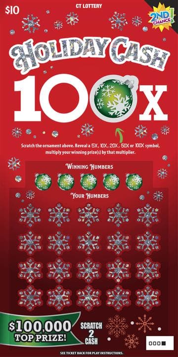 HOLIDAY CASH 100X scratch-off ticket