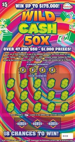 WILD CASH 50X scratch-off ticket