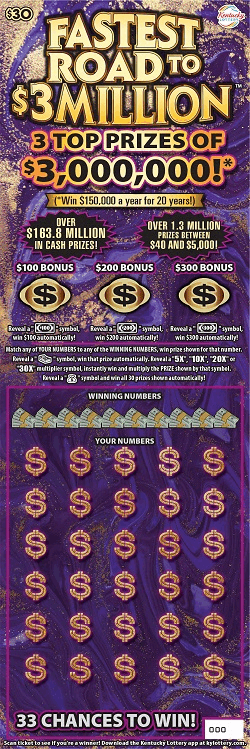 FASTEST ROAD TO $3 MILLION™ scratch-off ticket
