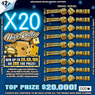 X20 HIGH ROLLER scratch-off ticket