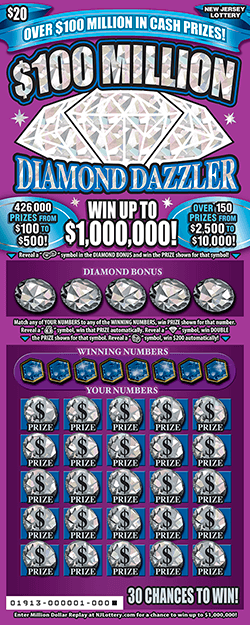 $100 MILLION DIAMOND DAZZLER scratch-off ticket