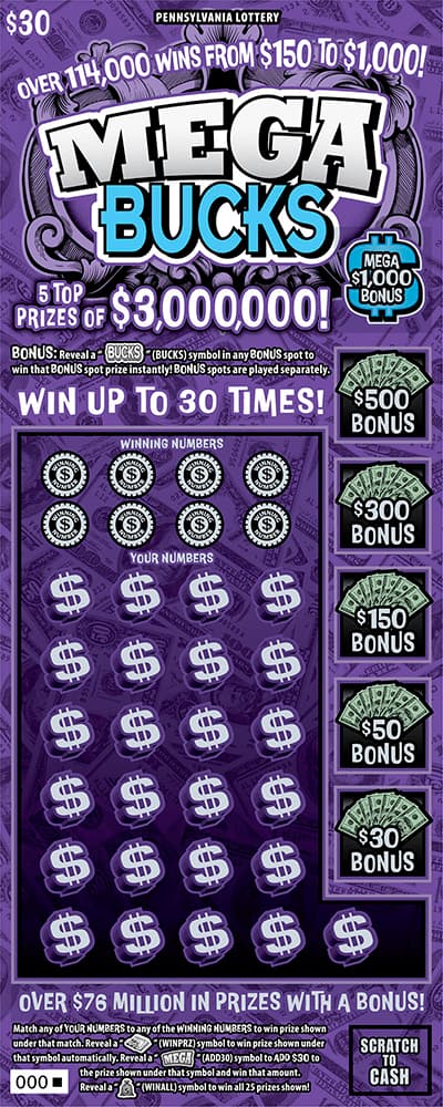 MEGA BUCKS scratch-off ticket