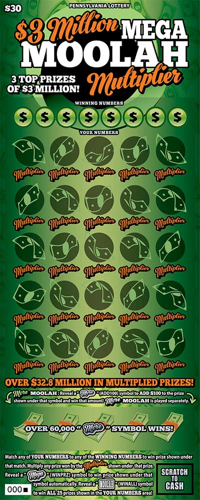 $3 MILLION MEGA MOOLAH MULTIPLIER scratch-off ticket