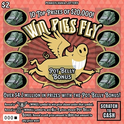 WIN PIGS FLY scratch-off ticket