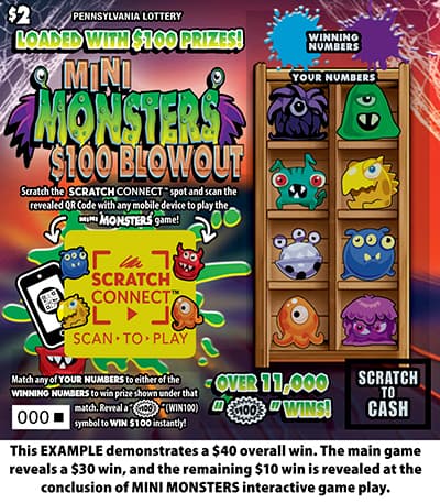 MINI MONSTERS $100 BLOWOUT scratch-off ticket