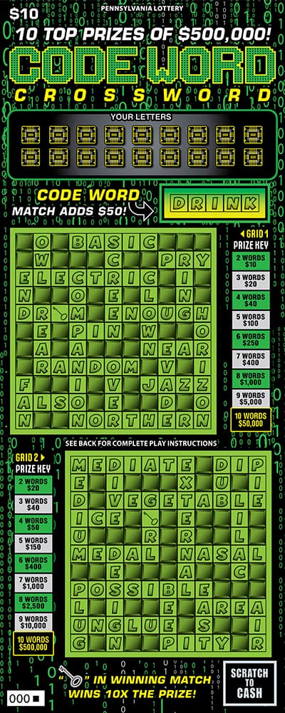 CODE WORD CROSSWORD scratch-off ticket
