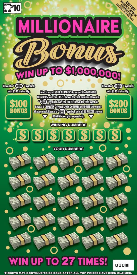 MILLIONAIRE BONUS scratch-off ticket