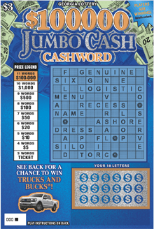 $100,000 JUMBO CASH CASHWORD scratch-off ticket