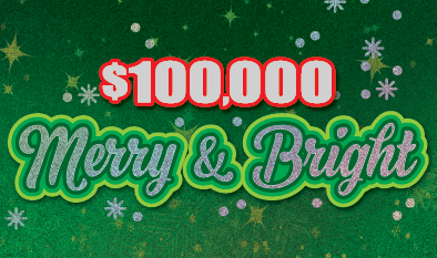 $100,000 MERRY & BRIGHT scratch-off ticket