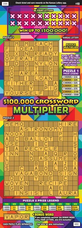 $100,000 CROSSWORD MULTIPLIER scratch-off ticket