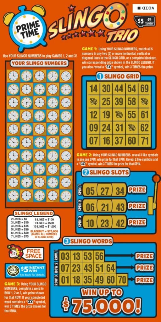 PRIME TIME SLINGO TRIO scratch-off ticket