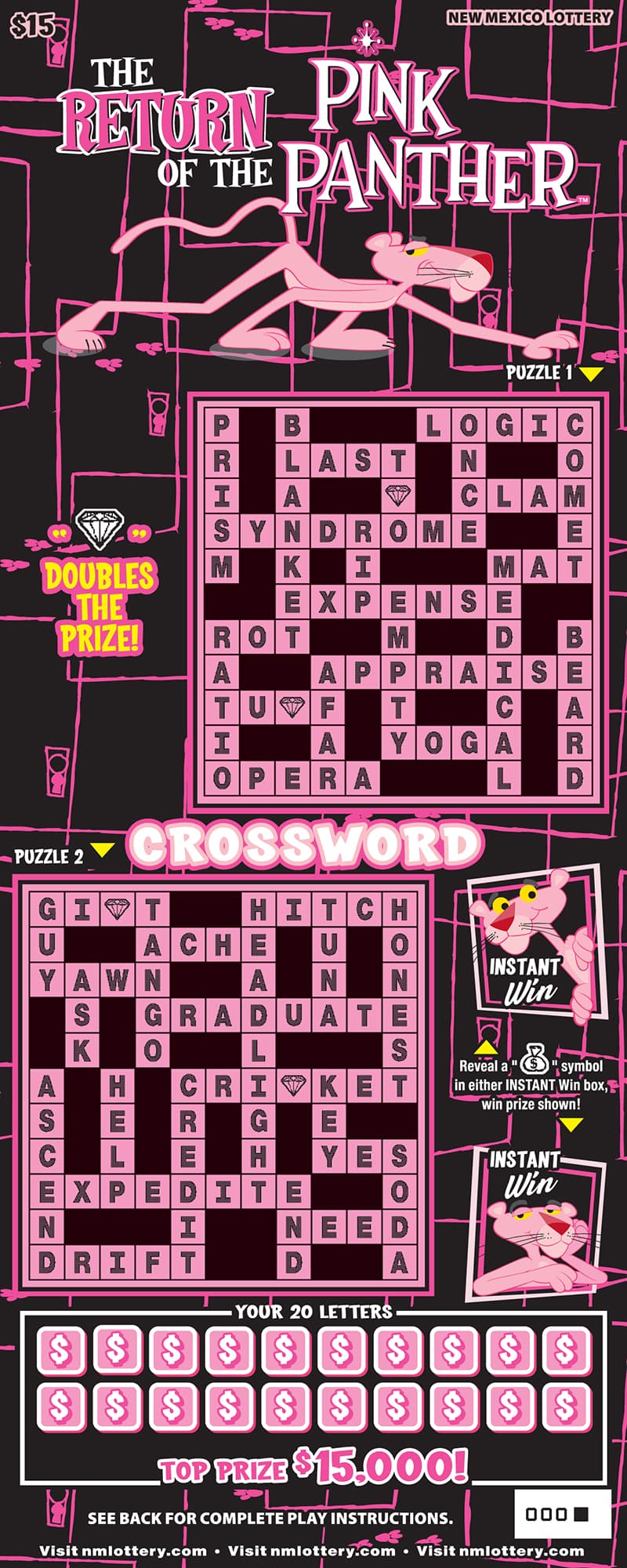 THE RETURN OF THE PINK PANTHER™ CROSSWORD scratch-off ticket