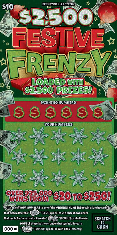 $2,500 FESTIVE FRENZY scratch-off ticket