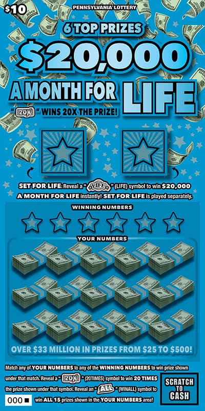 $20,000 A MONTH FOR LIFE scratch-off ticket