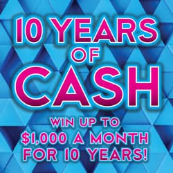 10 YEARS OF CASH scratch-off ticket
